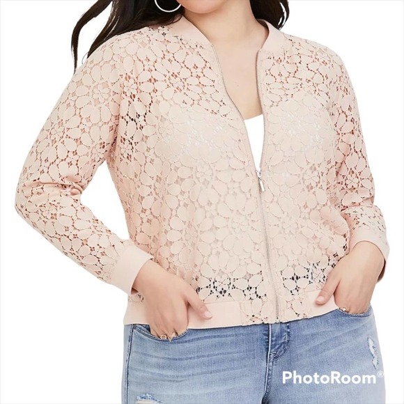 Torrid size 3 womens Bomber Jacket Coat Pink Floral Lace Cotton Blend Womens - Picture 1 of 14